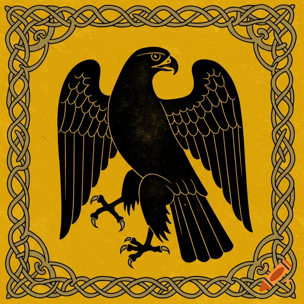 A black falcon on a yellow background, framed by Anglo-Saxon knotwork, in a medieval heraldry style.