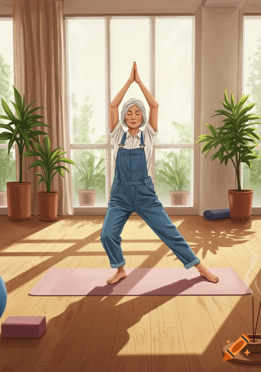 An elderly woman in denim overalls and a white shirt does yoga in a sunlit room with potted plants and large windows, in a painted style.