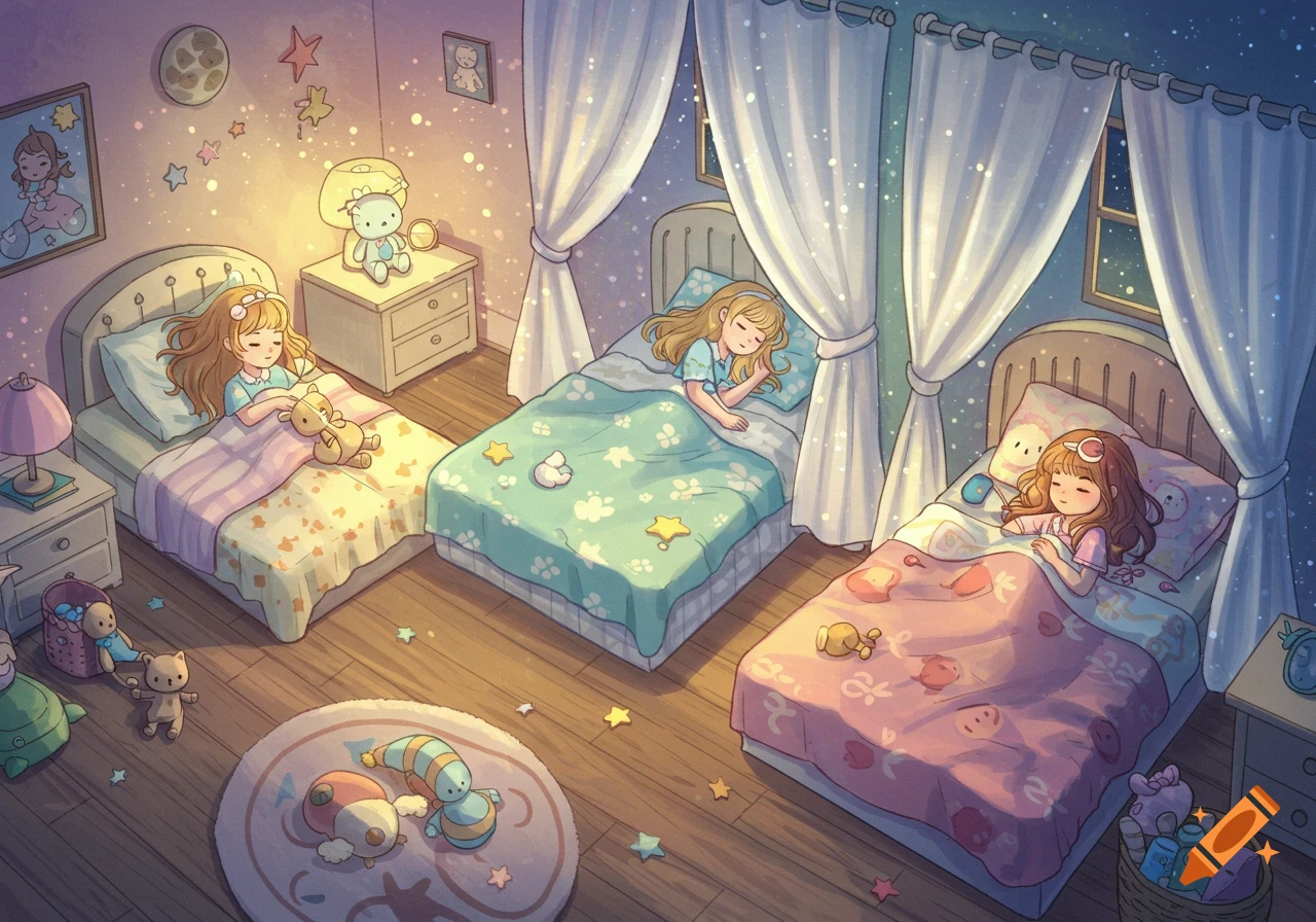 Three young girls sleeping in colorful beds in a dreamy, stylized bedroom with stars and cute toys, in an anime style.