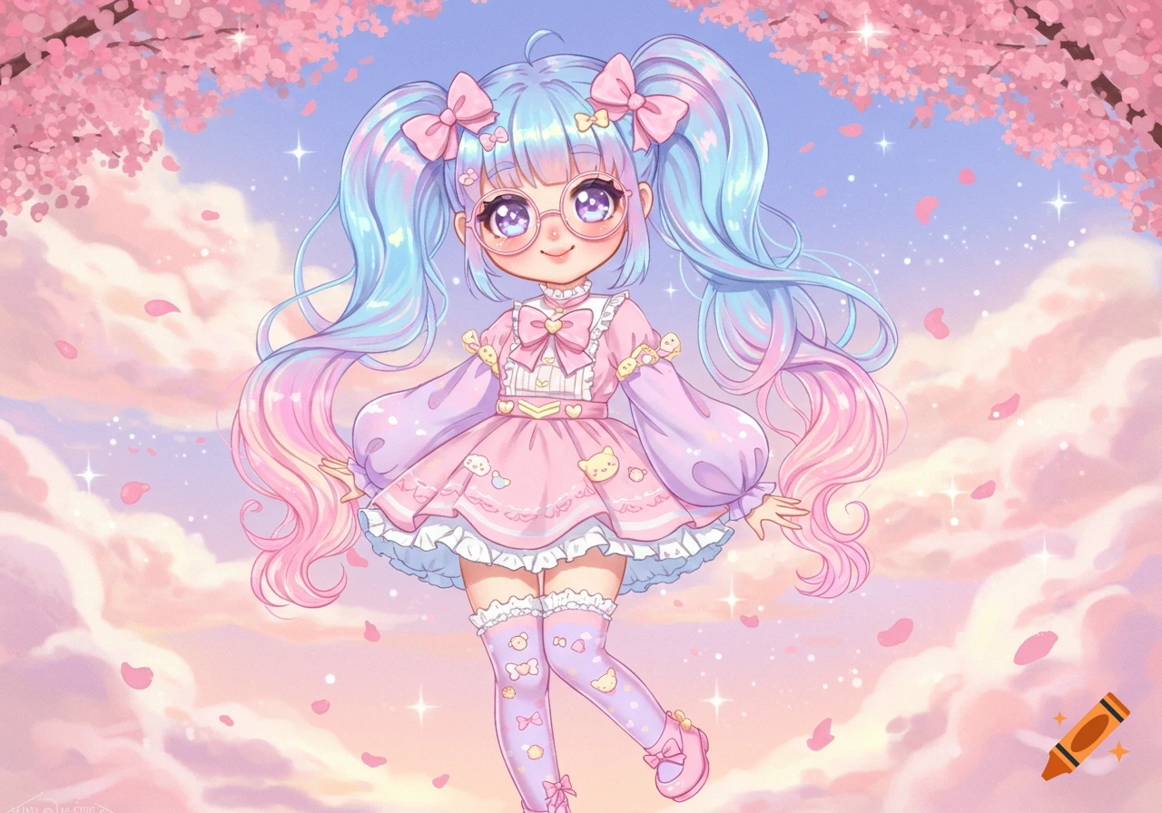A cute anime girl with pastel pink and blue pigtails, wearing glasses and a pink dress, stands under blooming cherry blossom trees against a soft pastel sky.