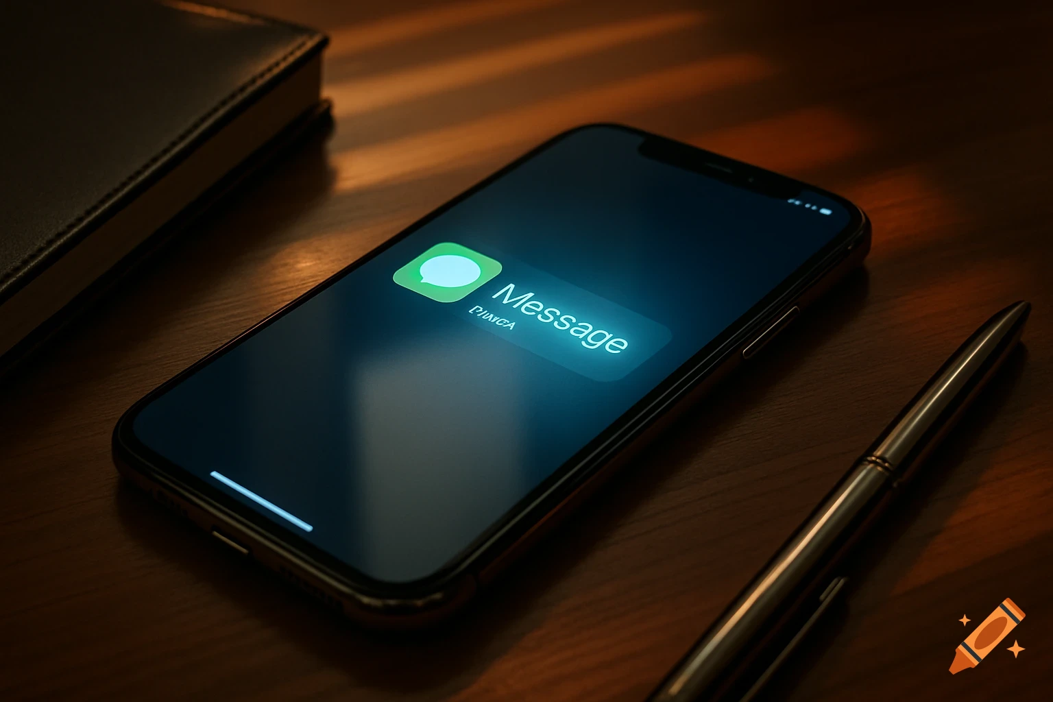 A smartphone displaying a message app icon and the word 'Message' on a wooden desk next to a pen and a notebook.
