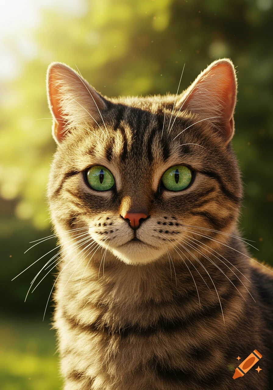 A close-up of a tabby cat's face with bright green eyes, illuminated by golden sunlight against a blurred green background.