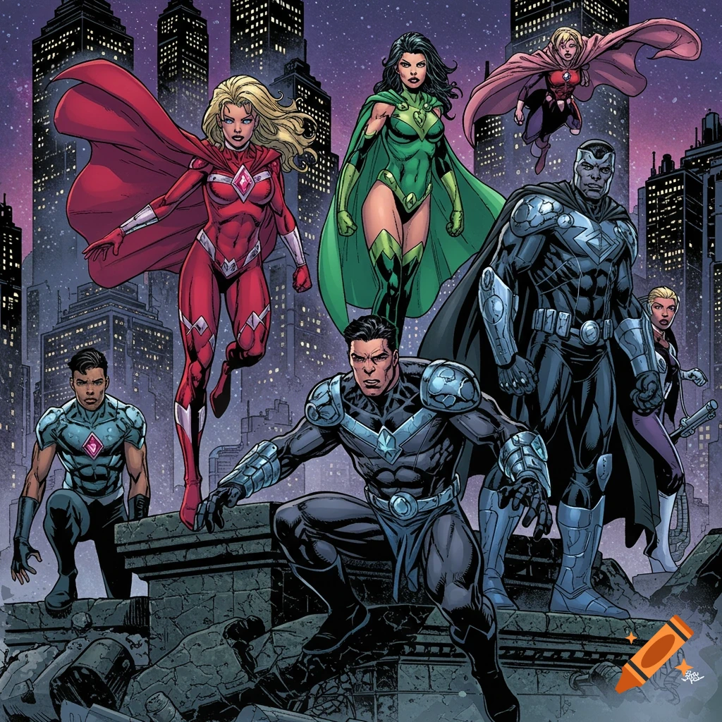A group of seven diverse superheroes, three female and four male, in varied costumes, stand on a crumbling rooftop overlooking a city skyline at night, rendered in a detailed comic book art style.