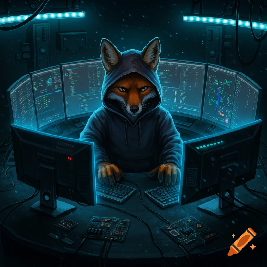 A hooded fox sits in a dark room, intently typing on keyboards in front of multiple glowing computer screens displaying code and data.