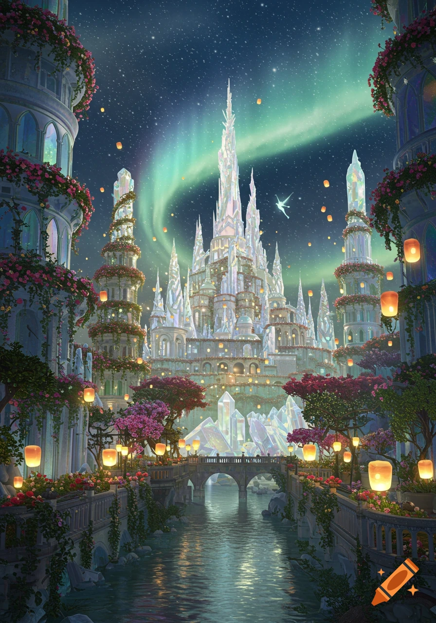 A luminous crystal castle and ornate buildings covered in flowers beside a river under a vibrant aurora borealis sky with floating lanterns.