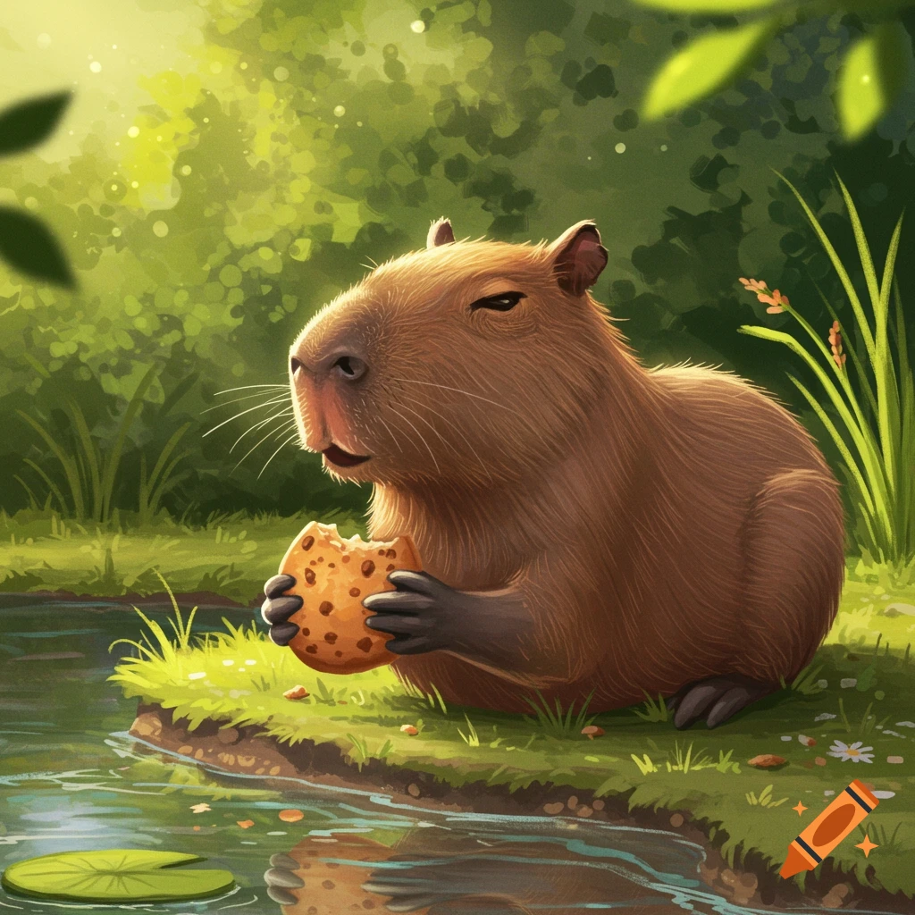 An illustrative image of a capybara sitting by a pond in a sunlit forest, holding and eating a chocolate chip cookie.