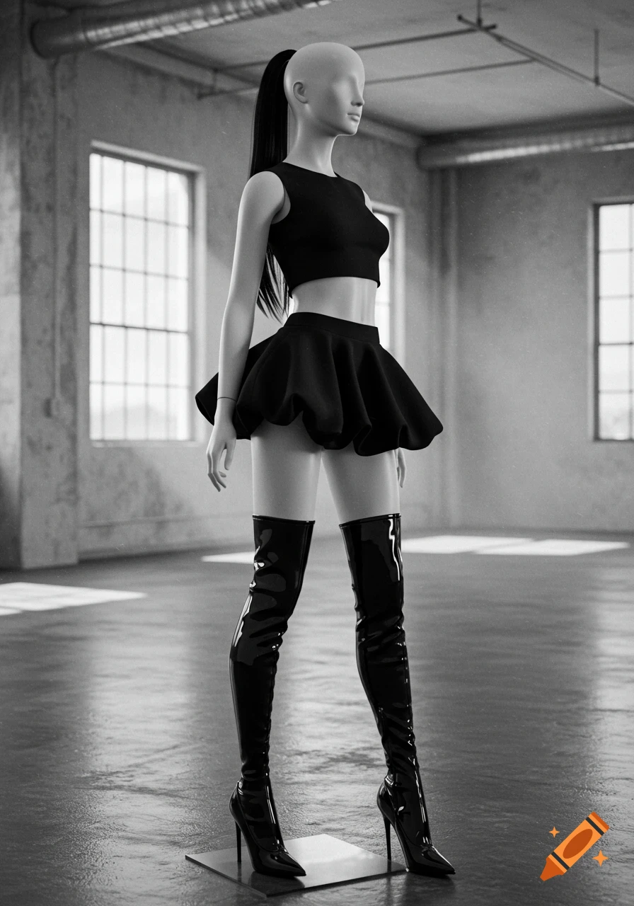Black and white image of a female mannequin wearing a black crop top, miniskirt, and thigh-high boots in a studio.