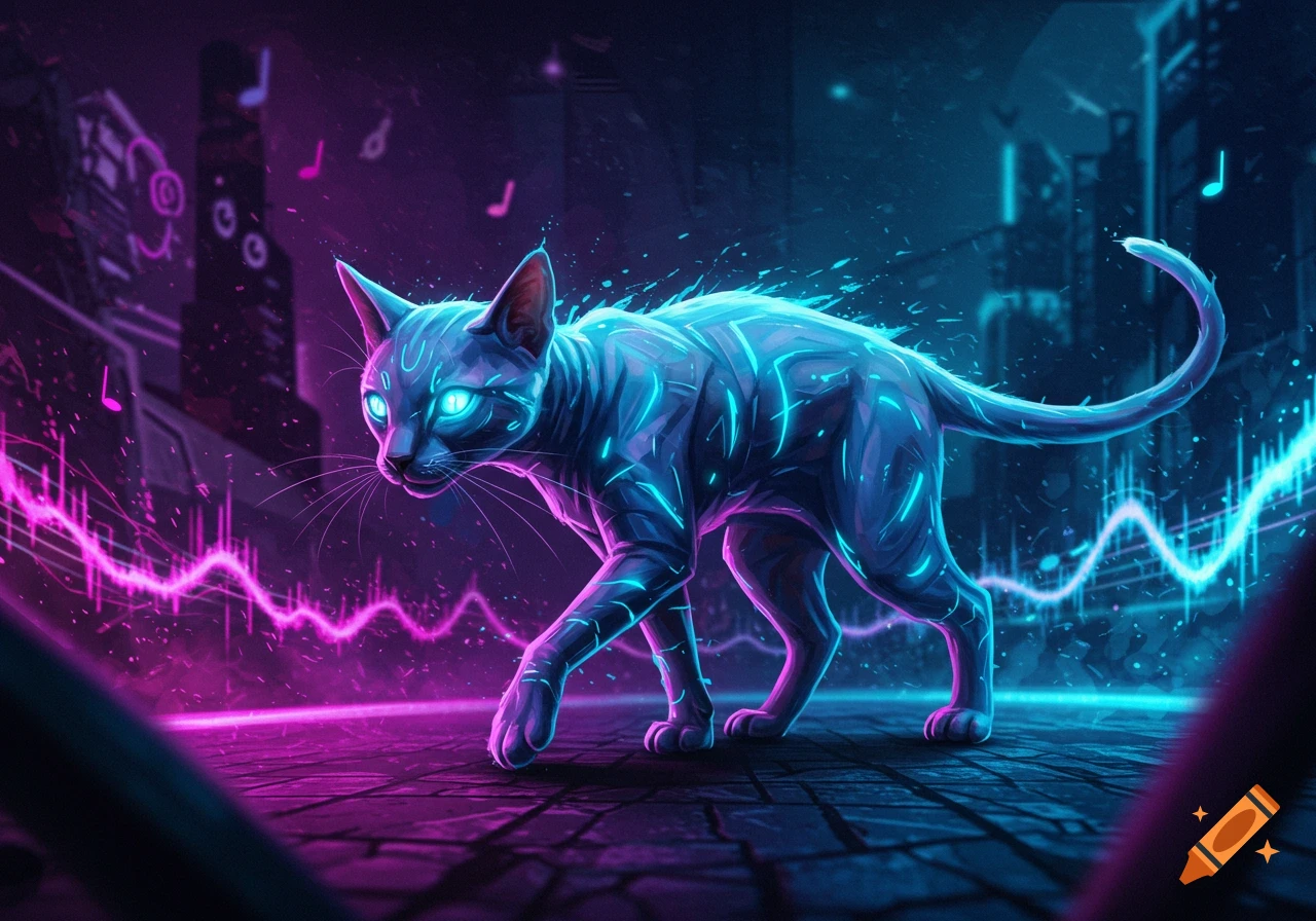 A glowing blue and pink neon cat with bright eyes walks on a futuristic, dark city street with musical notes.