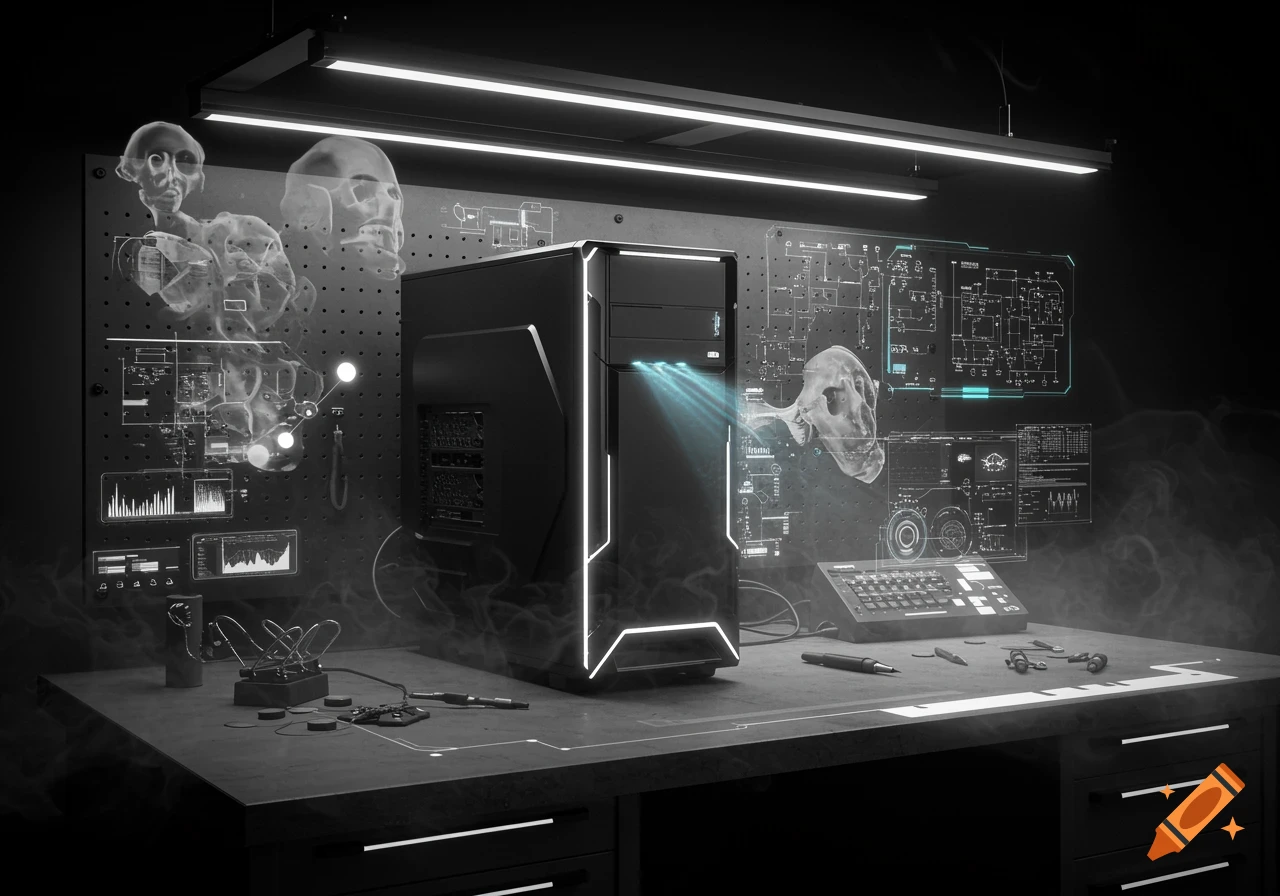 A futuristic black and white scene showing a desktop computer on a workbench with holographic schematics, glowing light effects, and tools.