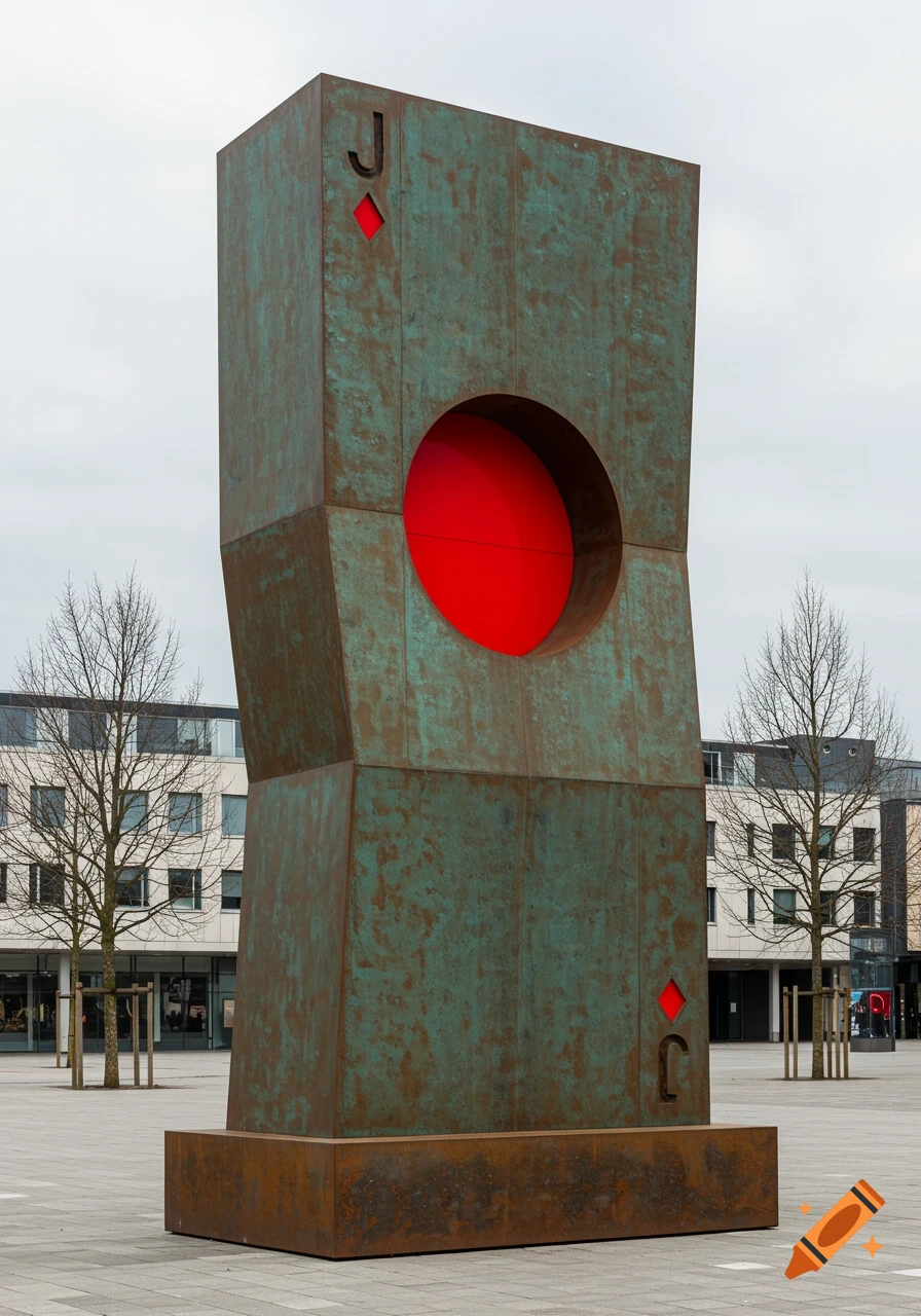 A large, weathered green metal sculpture resembling a distorted playing card (Jack of Diamonds) with a bright red circular cutout, stands in a modern city plaza with buildings and bare trees.