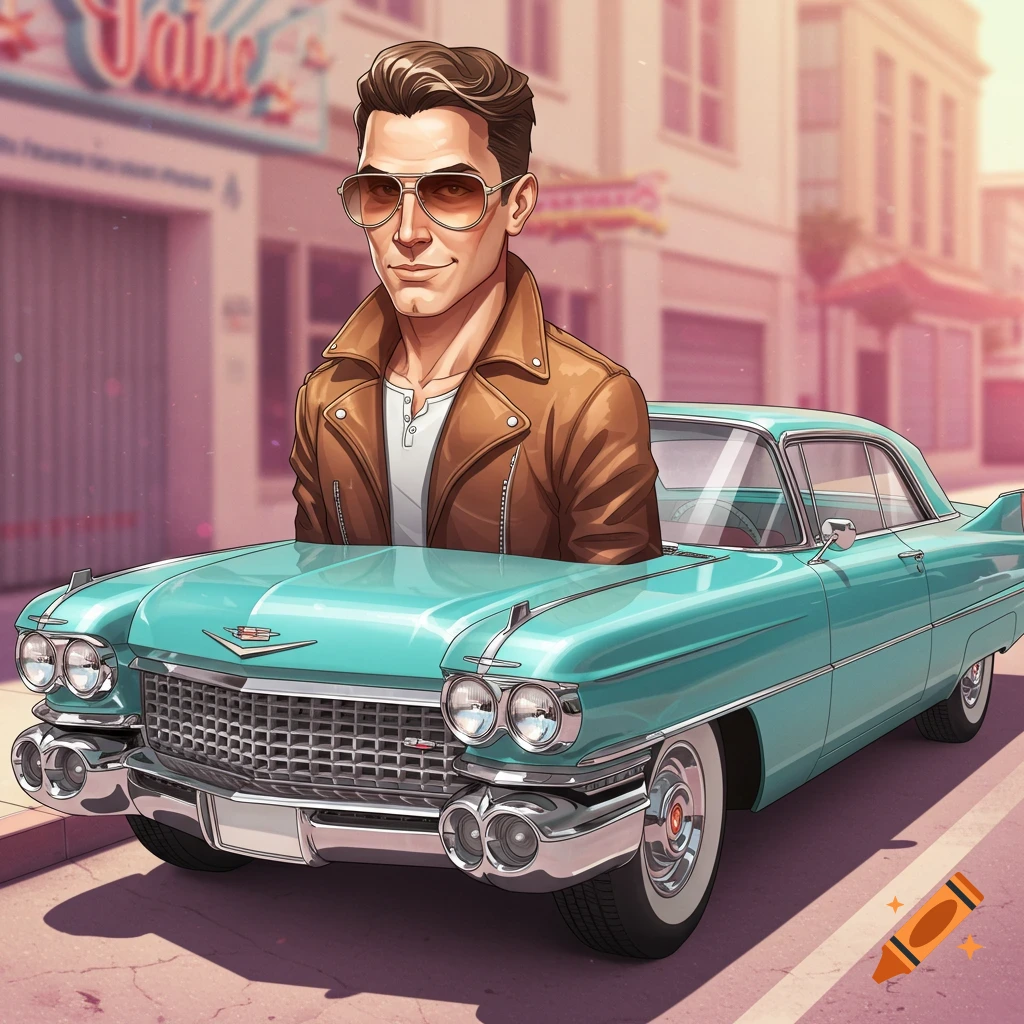 Cartoon man with sunglasses and leather jacket emerging from the front of a teal vintage Cadillac on a sunny street.