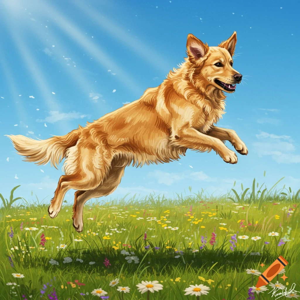 An illustrated golden retriever dog leaps joyfully through a sunny field filled with wildflowers under a blue sky.