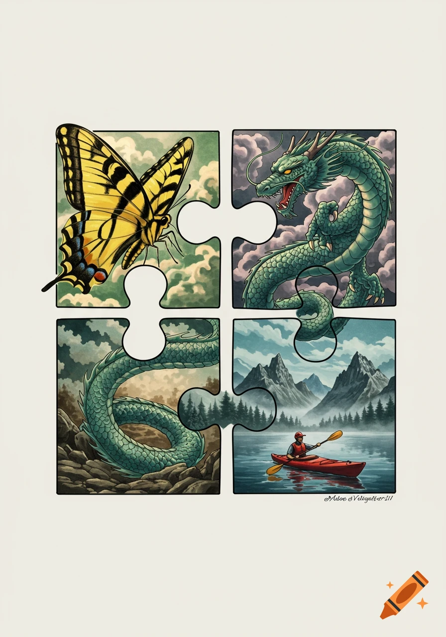 An illustrated four-piece puzzle showing a yellow butterfly, a green dragon, a dragon's tail, and a person kayaking on a lake with mountains.