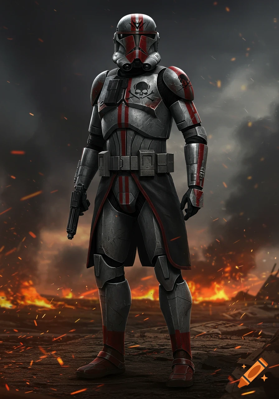 Republic Commando in red and grey armor with skull and crossbones emblem, holding a rifle in a fiery, smoke-filled battlefield.