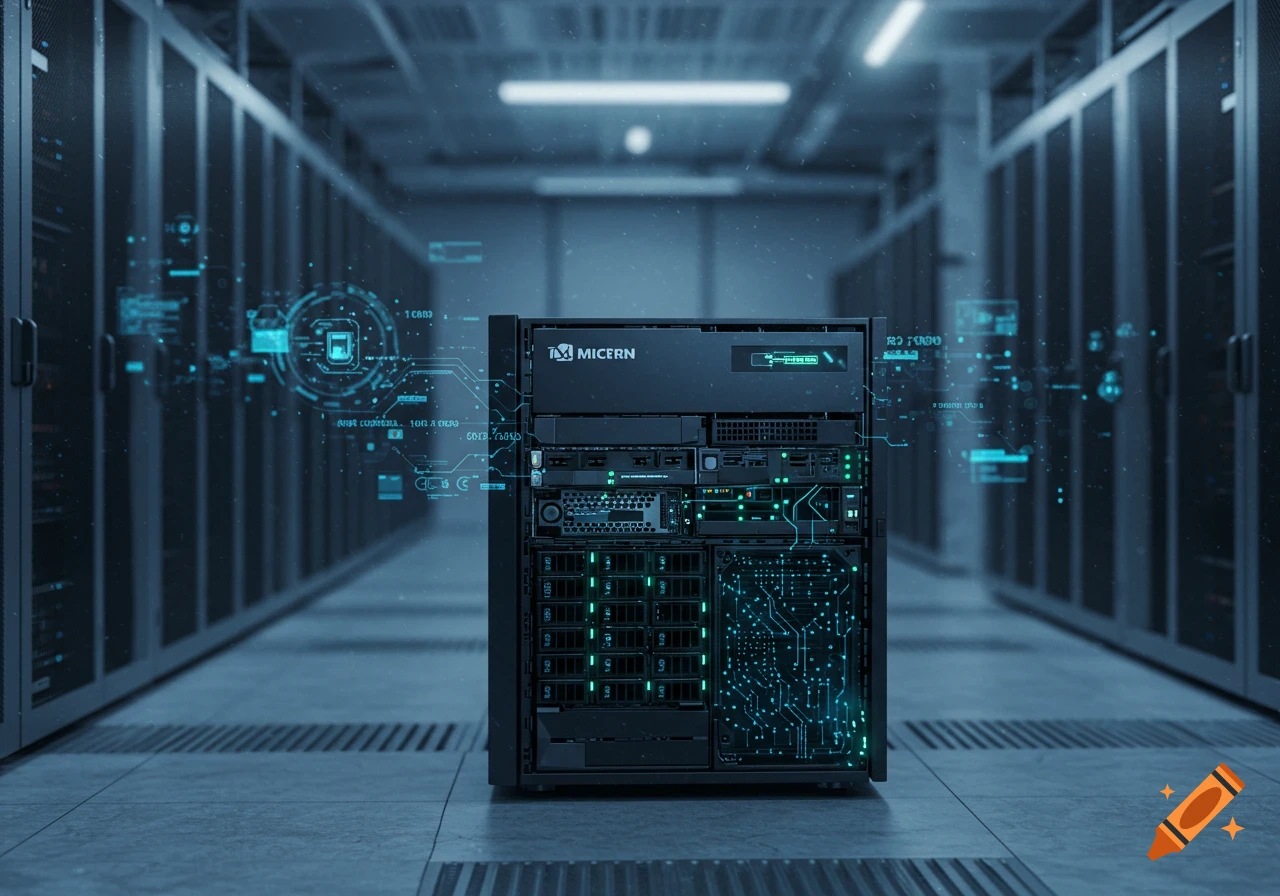 Photorealistic image of a black server rack with glowing blue lights and circuit patterns in a data center.