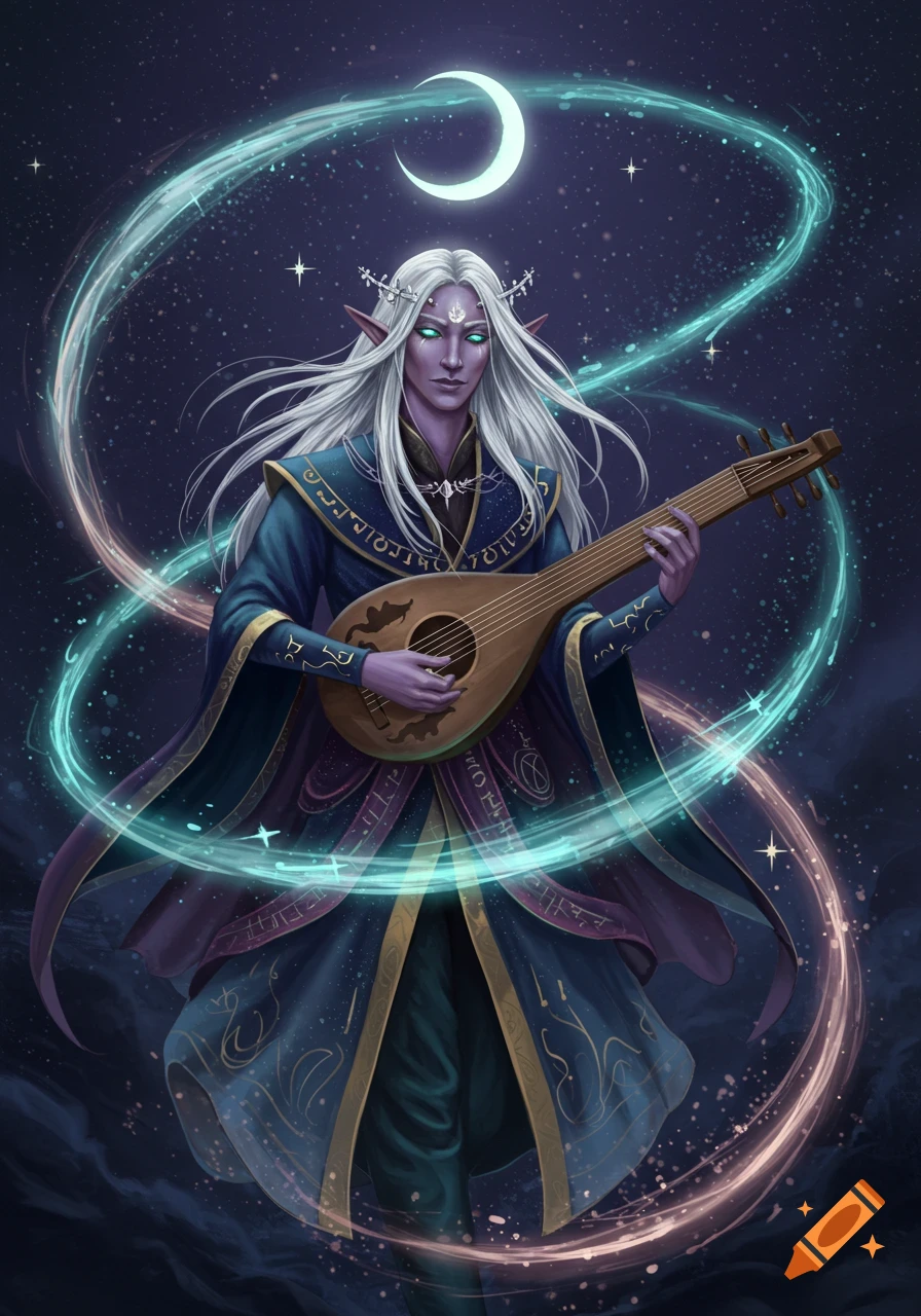 An ethereal Githzerai bard with white hair and purple skin plays a lute, glowing magical ribbons swirl around him against a starry night sky with a crescent moon.