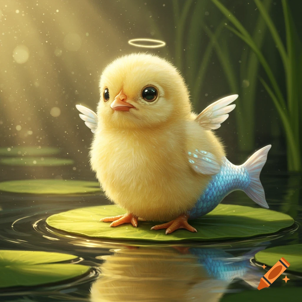 A cute, fluffy baby chicken with white wings, a blue fish tail, and a halo, sitting on a lily pad in a pond.