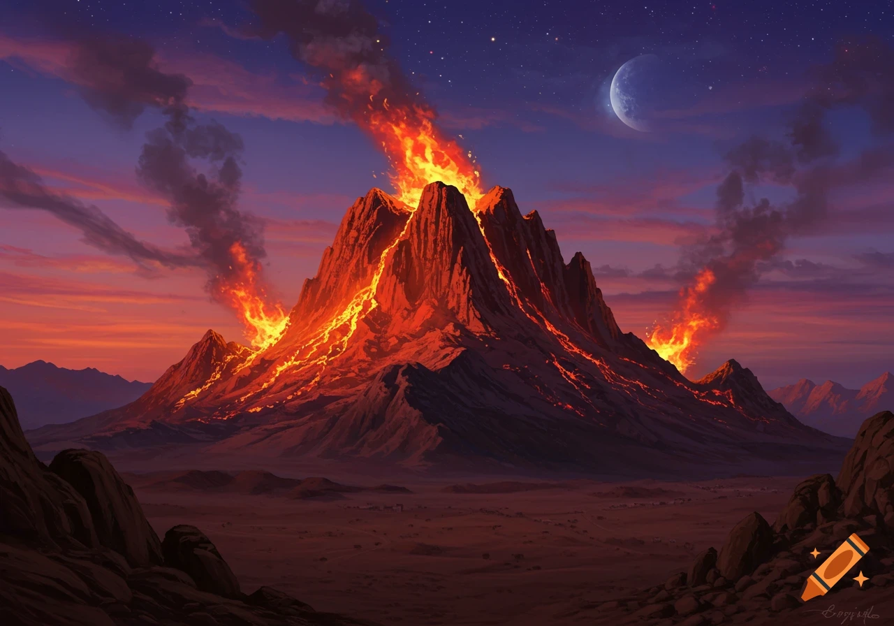 A majestic mountain erupting with fiery lava and smoke against a twilight sky with a crescent moon and stars.