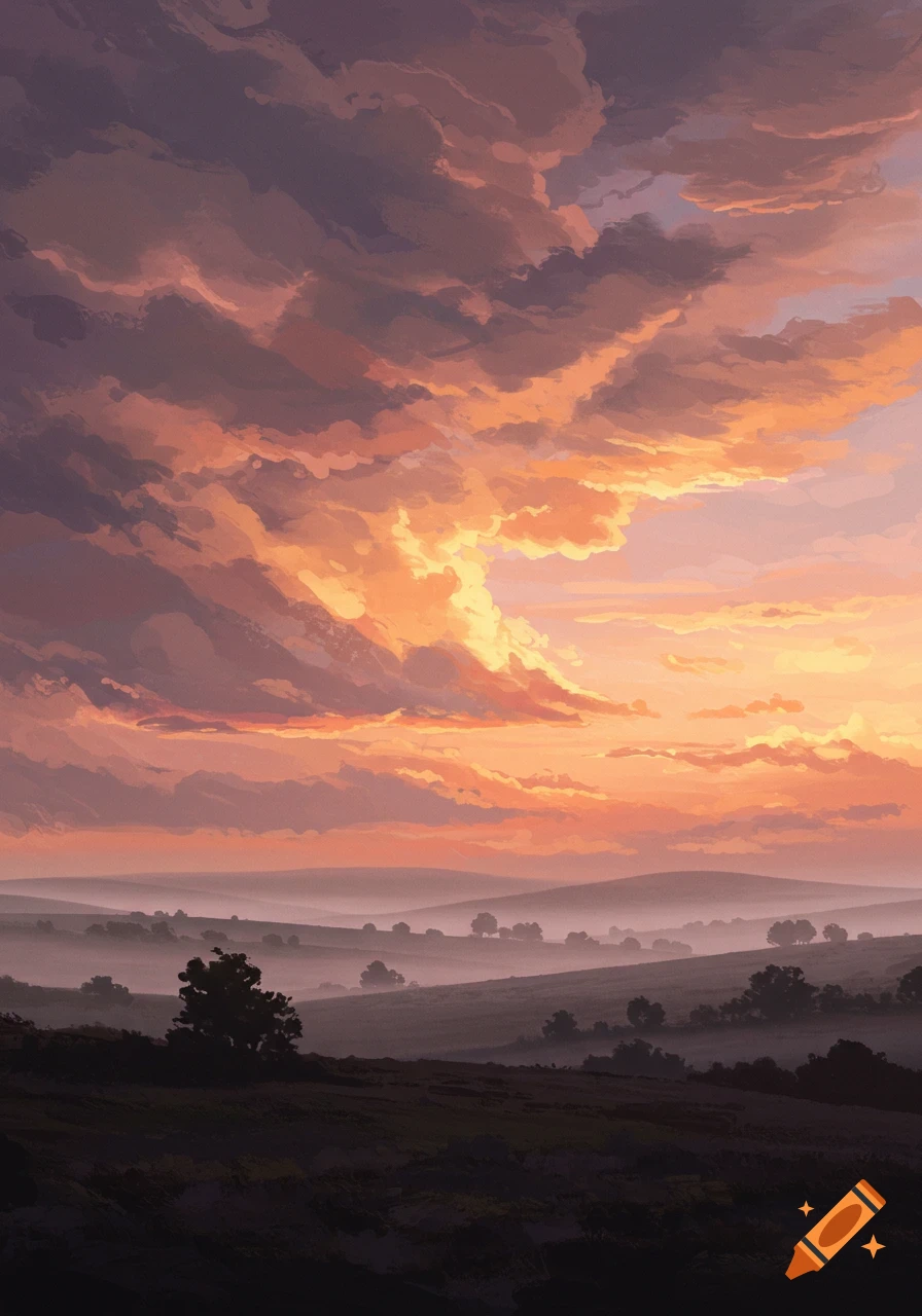 A painterly landscape at sunset with vibrant orange and purple clouds above misty hills and fields.