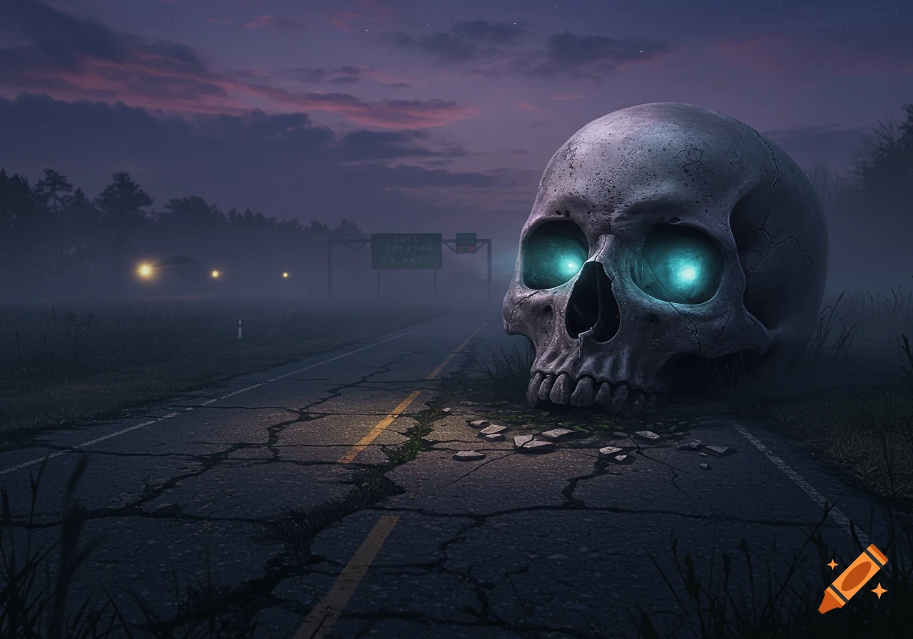 A massive, ancient skull with glowing blue eyes rests on a cracked, abandoned road in a misty, dark landscape under a twilight sky.