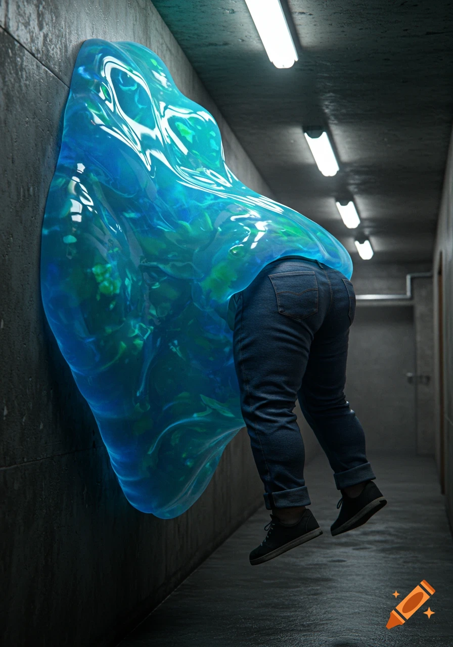 A man's lower body, in jeans, hangs suspended as he is being absorbed into a large, glowing blue-green blob clinging to a concrete wall in a dimly lit hallway.