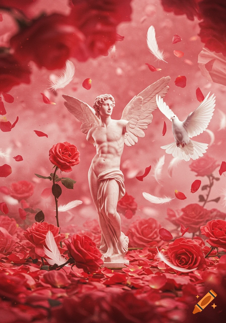 A classical marble statue of a winged male figure, possibly Eros, surrounded by red roses, petals, and white feathers, with a dove flying.