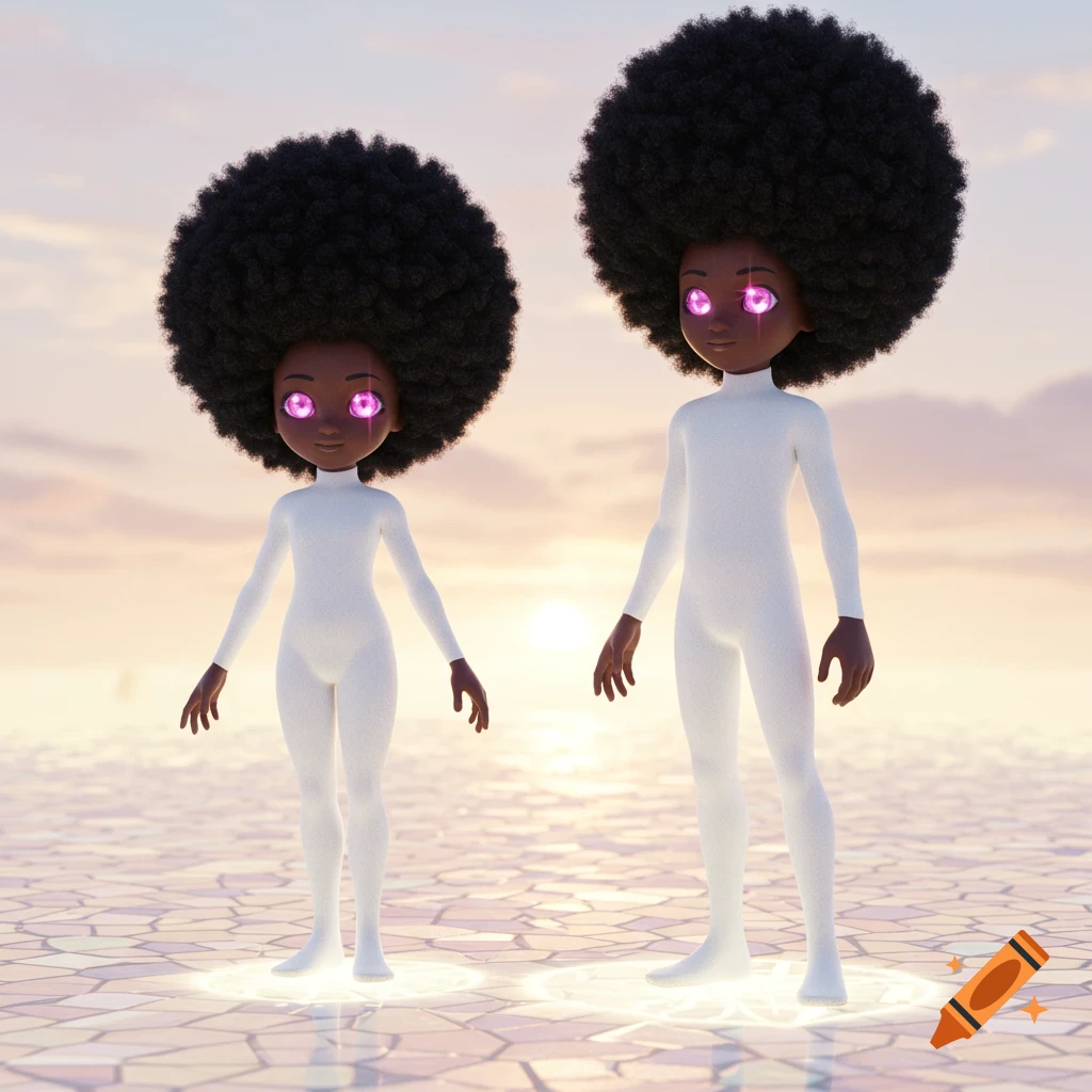 Two stylized characters with large afro hairstyles and glowing pink eyes wear white bodysuits, standing on a tiled surface at sunset.