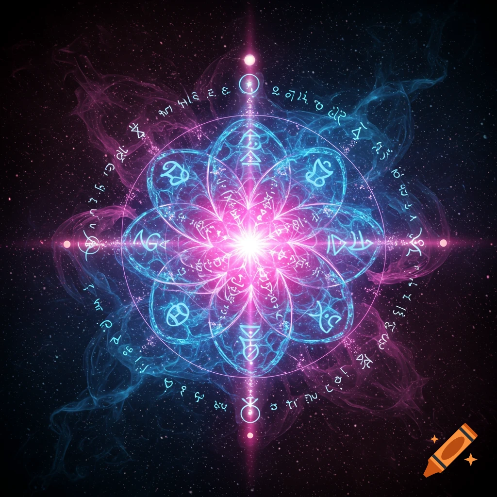 A glowing, intricate mandala or sigil in vibrant pink and blue against a dark, starry cosmic background, surrounded by mystical symbols.