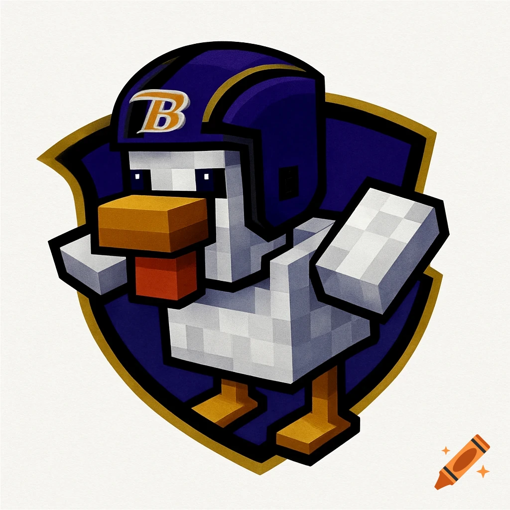 A pixelated Minecraft chicken wearing a purple and gold football helmet with a 'B' logo, set against a dark blue and gold shield.