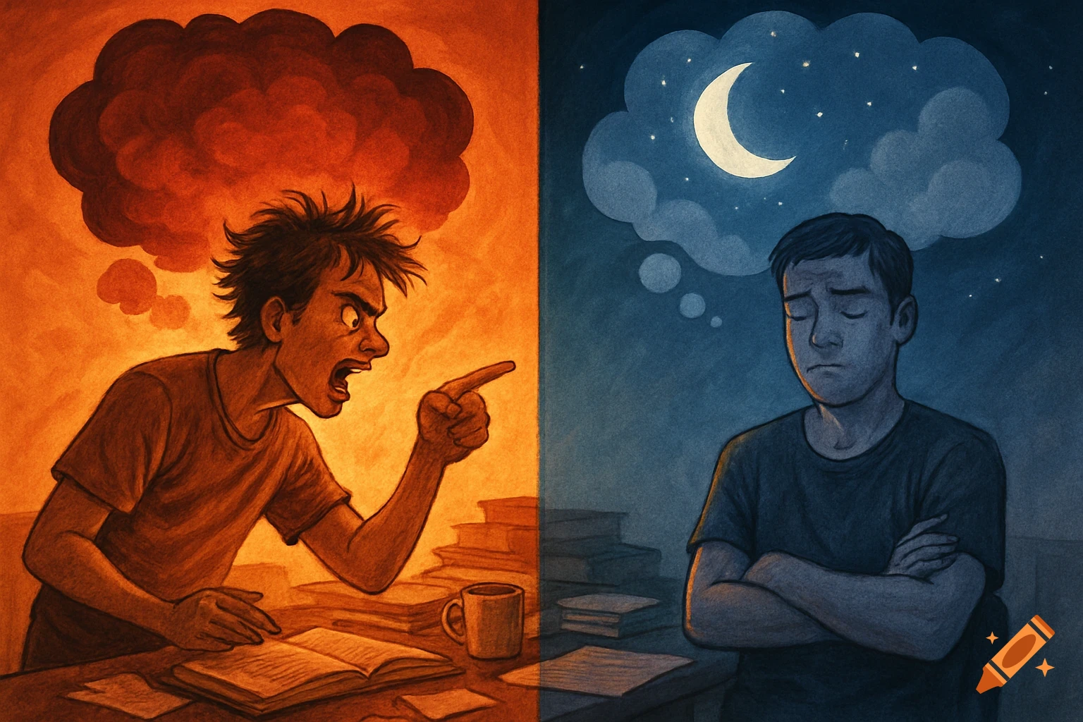 Split illustration of an angry man yelling with a red cloud, and a sad man dreaming of the moon and stars.