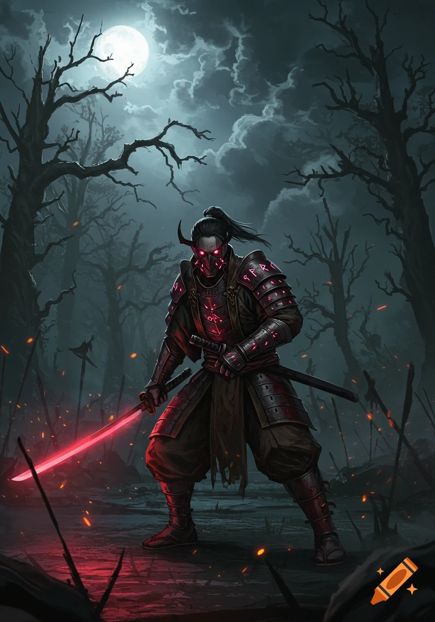 A masked warrior in armored attire stands in a dark, eerie forest under a full moon, holding a glowing red sword.