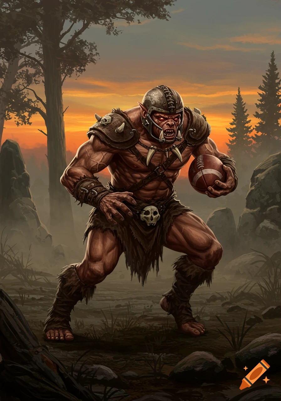 A muscular troglodyte in primitive armor and a football helmet holds a football, standing in a forest at sunset. Digital illustration.