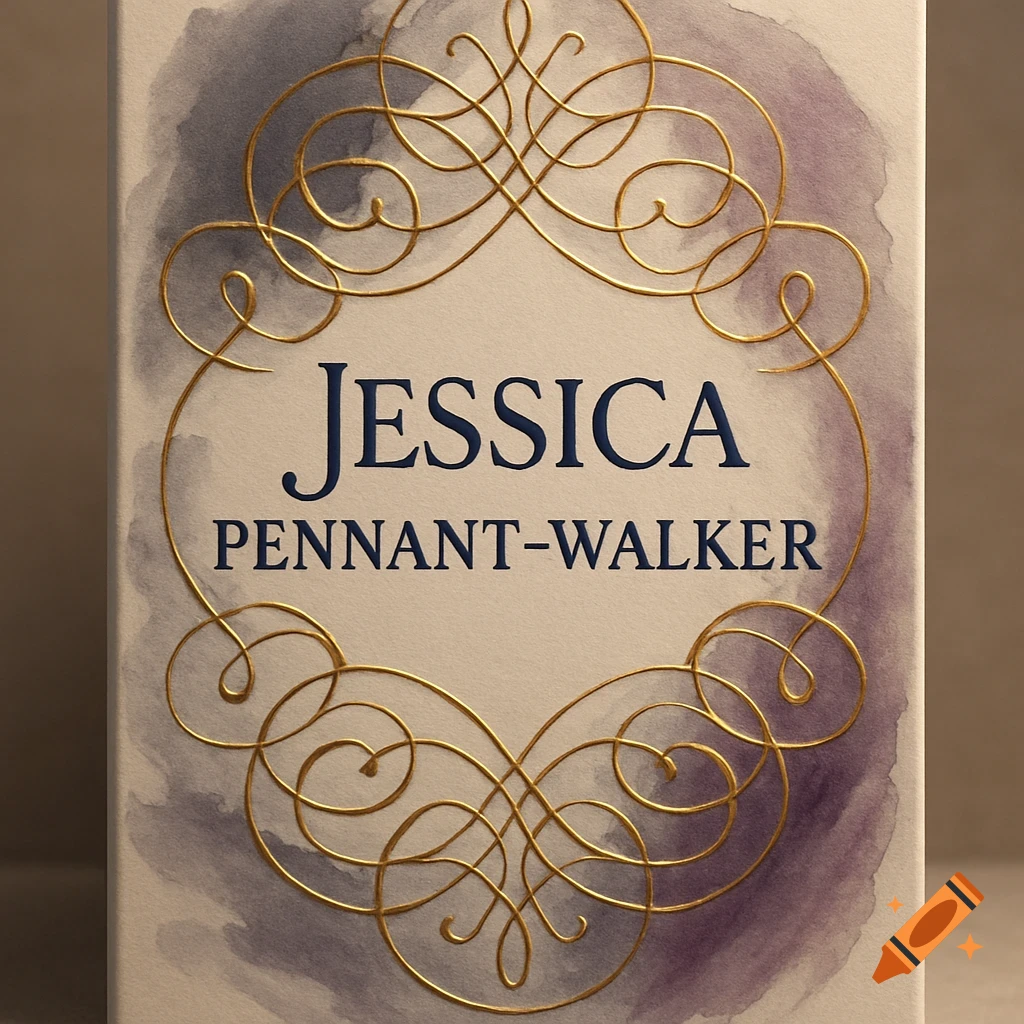 A decorative label with 'JESSICA PENNANT-WALKER' in navy text, framed by gold filigree swirls on a watercolor background.
