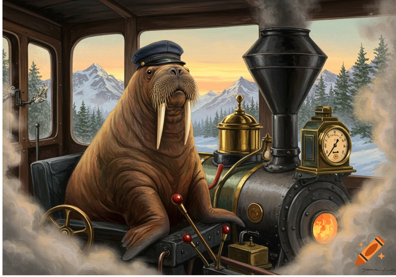 A walrus in a conductor's hat drives a steam train through snowy mountains at sunset, detailed illustration.