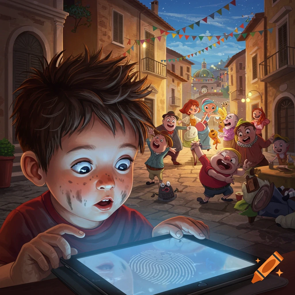 A wide-eyed cartoon boy looks at a glowing tablet displaying a fingerprint, with whimsical cartoon characters in a bustling town square behind him.