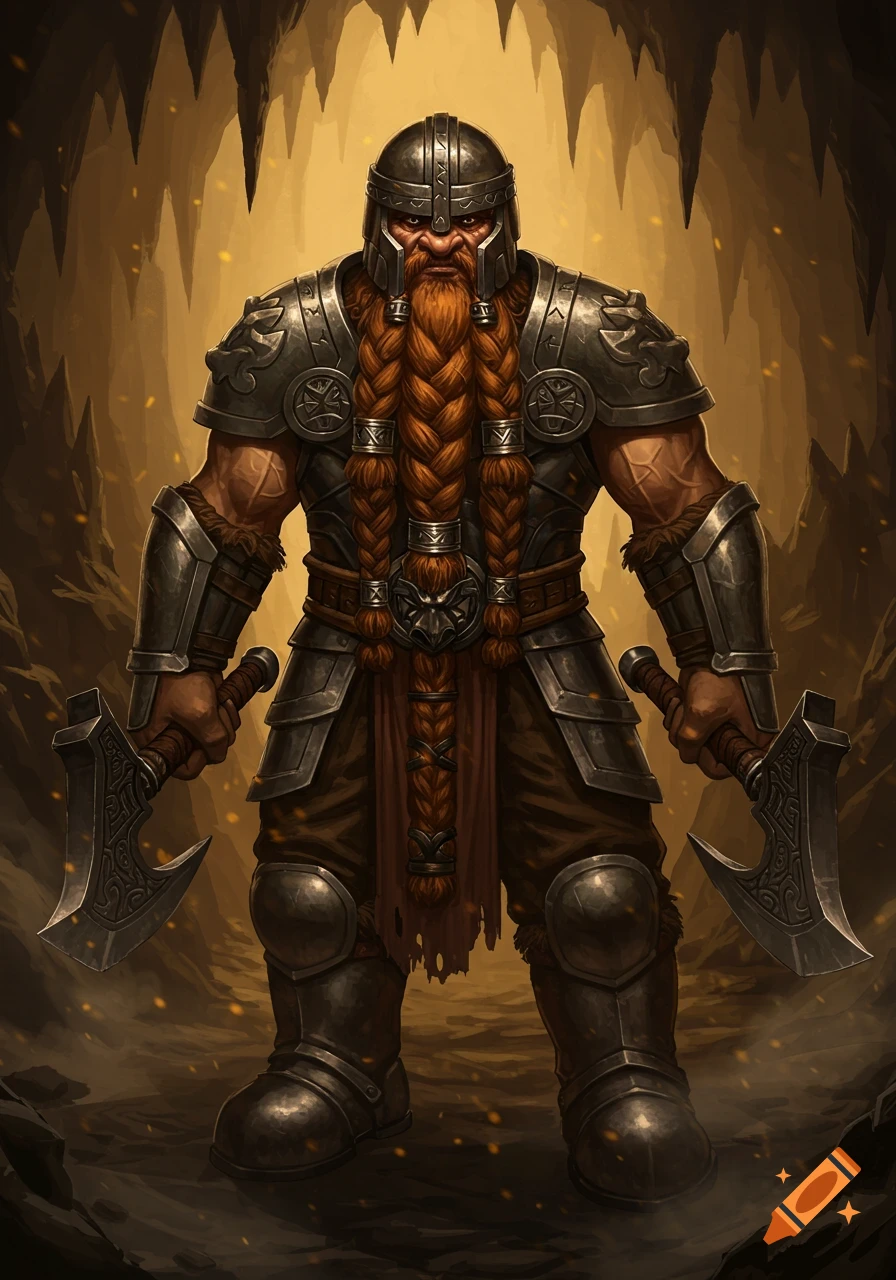 A heavily armored dwarf with a long braided red beard stands in a cave, holding two axes.