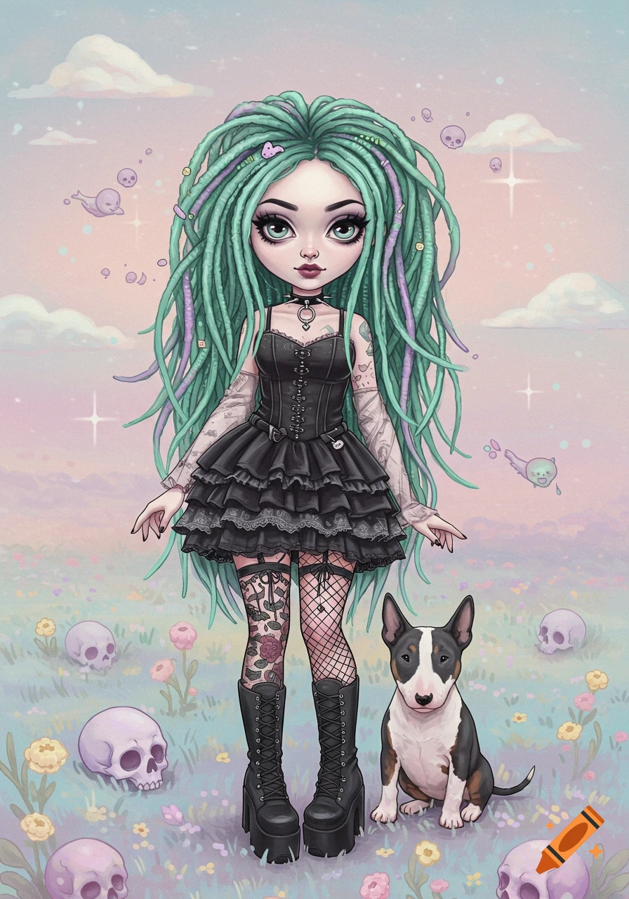 A doll-like goth girl with mint green dreadlocks and tattoos, wearing a black dress and platform boots, stands next to a bull terrier in a pastel field with skulls.