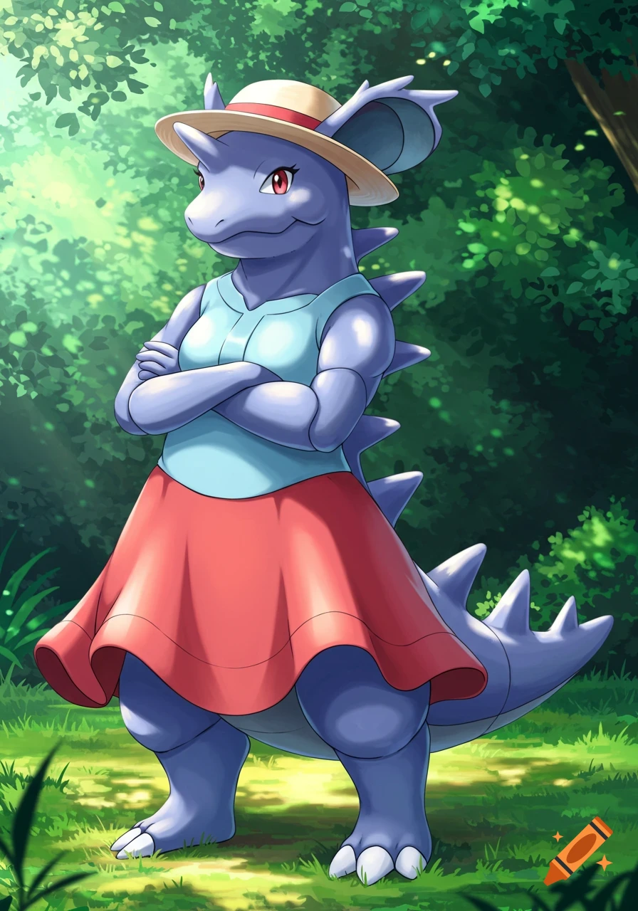 A Nidoqueen, a purple bipedal Pokémon, wearing a light blue shirt, red skirt, and straw hat, stands in a forest with dappled sunlight.