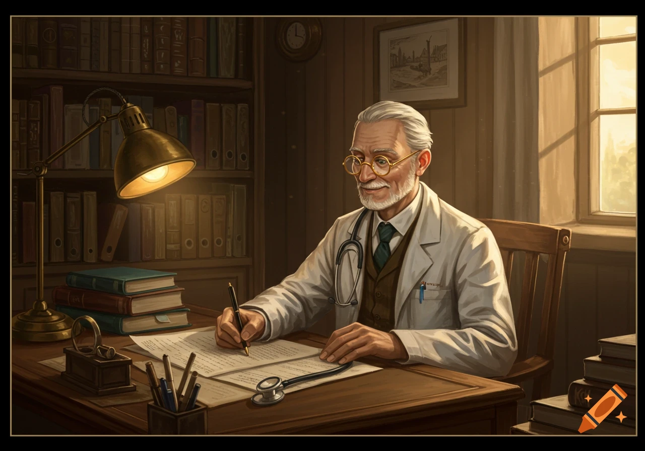 A senior doctor with a white beard and glasses is seated at a wooden desk, writing on paper with a pen in a dimly lit study. Books, a lamp, and a stethoscope are visible.