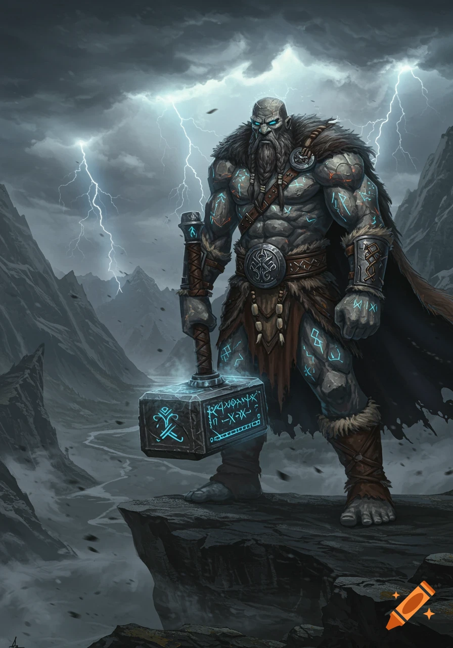 A powerful grey-skinned goliath-like figure with glowing runes, wielding a large hammer on a stormy mountain peak with lightning.