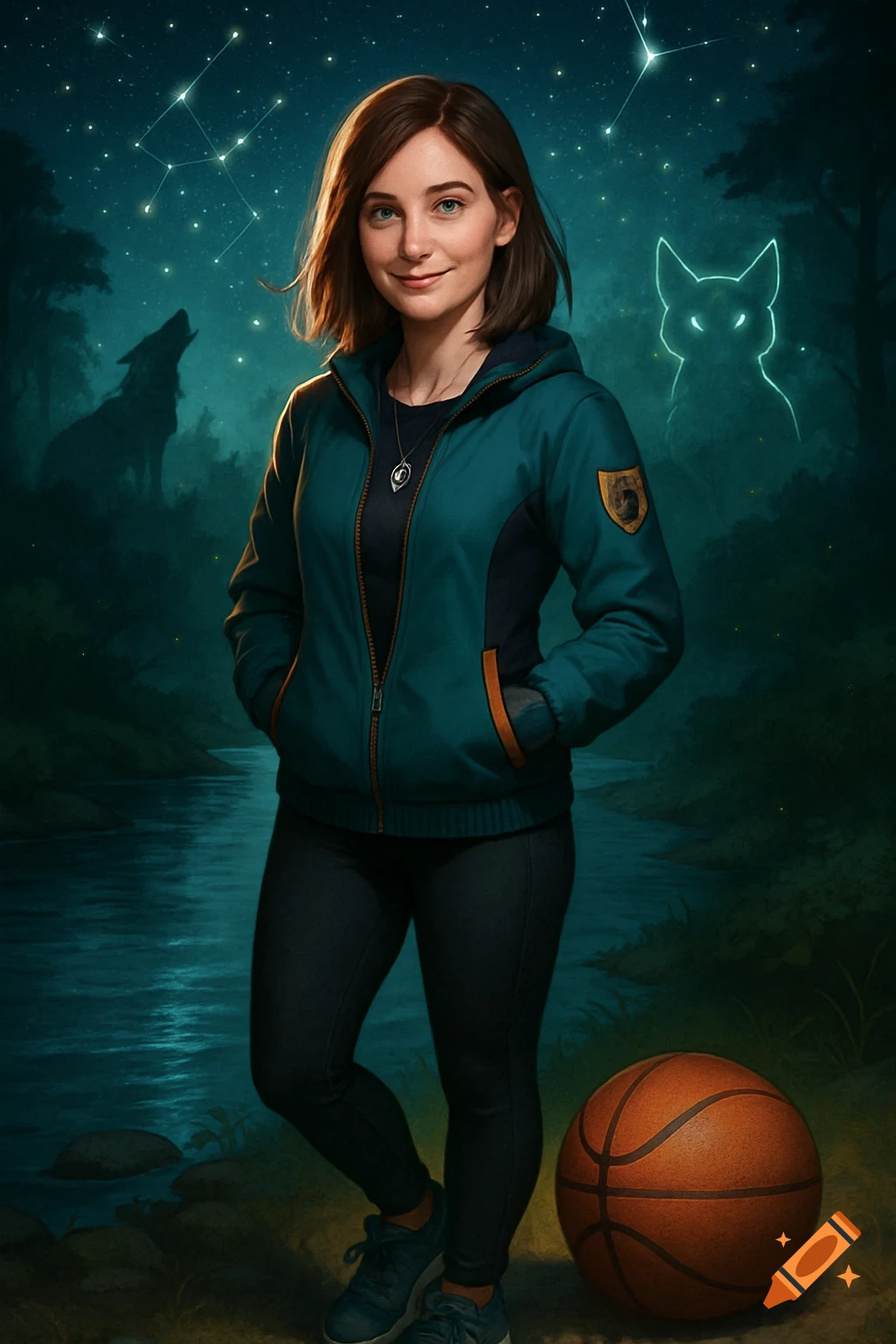 A young woman in a teal jacket stands smiling in a glowing forest at night with a river, constellations, wolf, glowing cat, and a basketball.