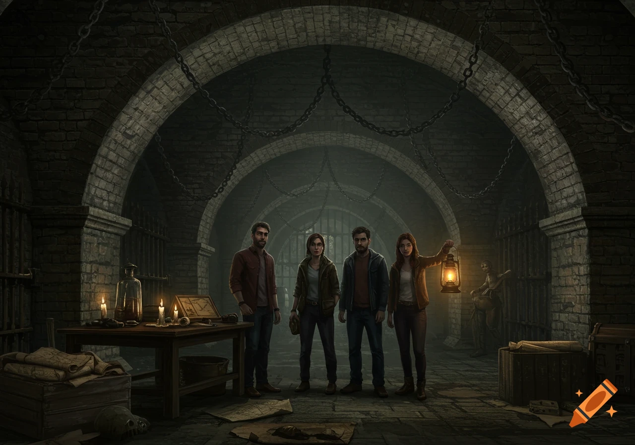 Four people in a dark, vaulted stone dungeon with chains, bars, candles, and maps. One holds a lantern. Digital art.