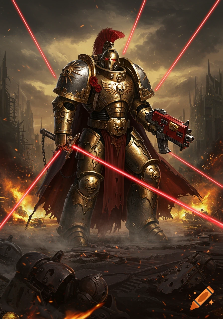 A golden armored Warhammer 40k Custodian warrior stands on a fiery battlefield with red laser beams crossing.