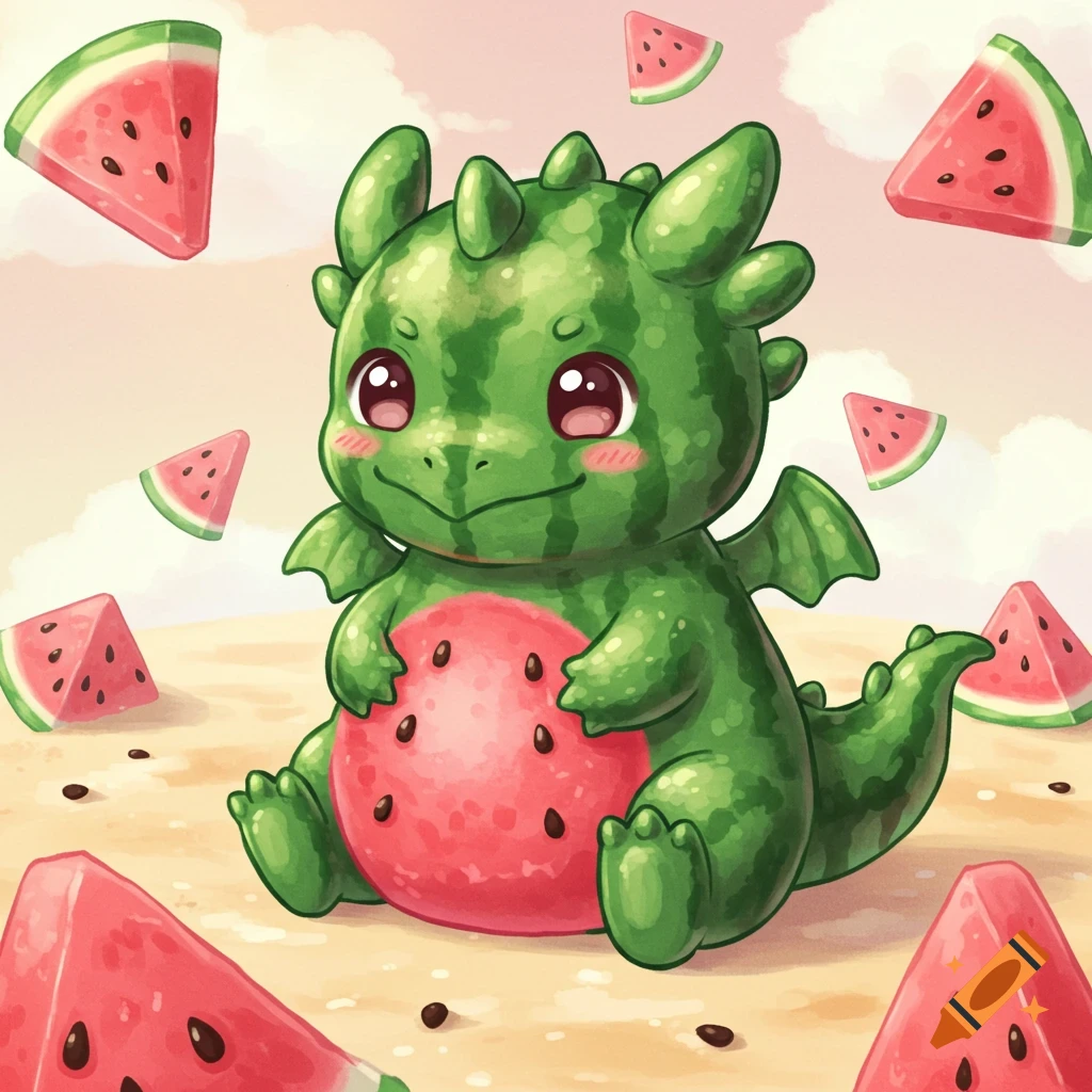 A cute green dragon resembling a watermelon sits on a sandy ground, surrounded by watermelon slices in a soft, kawaii art style.
