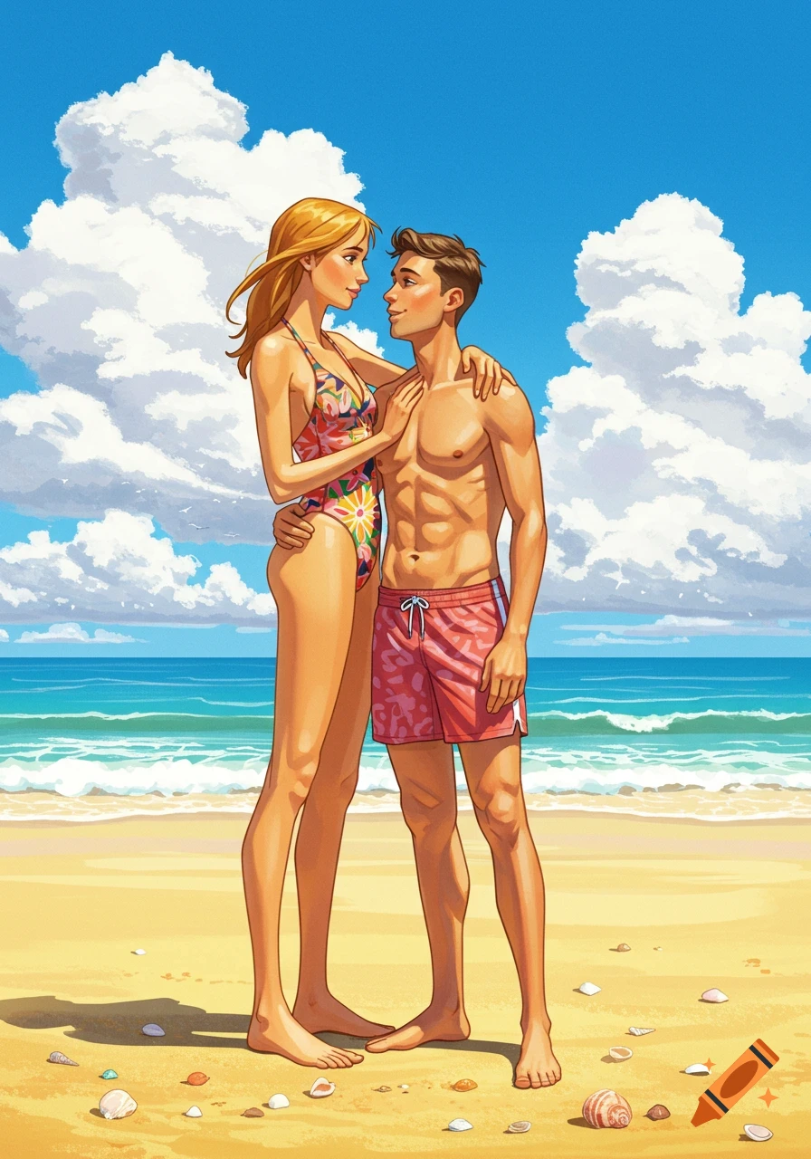 An illustration of a tall woman in a floral swimsuit and a man in swim trunks looking at each other on a sunny beach with blue ocean waves and white clouds.
