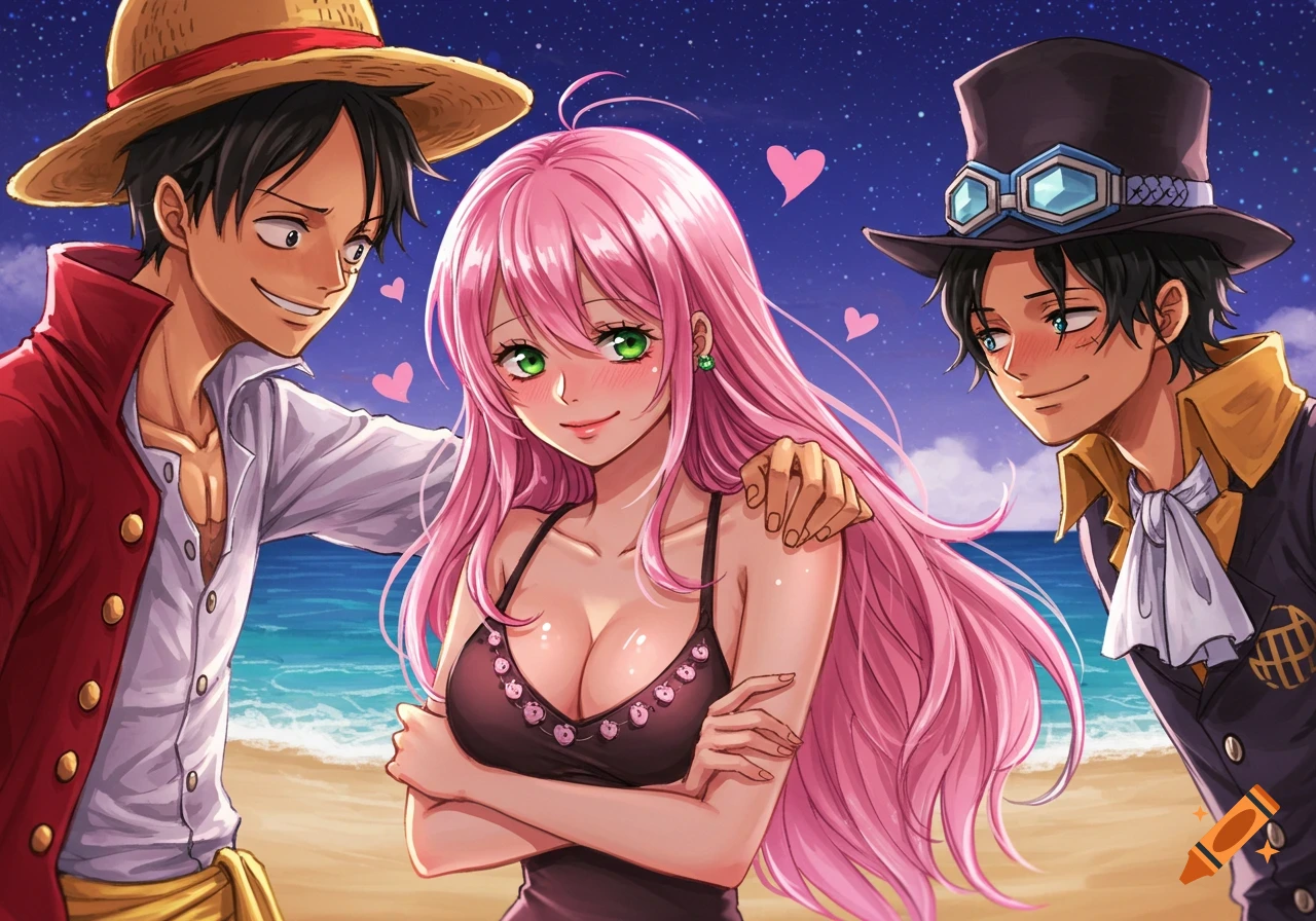 Anime style illustration of Monkey D. Luffy and Sabo flanking a pink-haired woman on a beach with hearts floating around, all blushing.