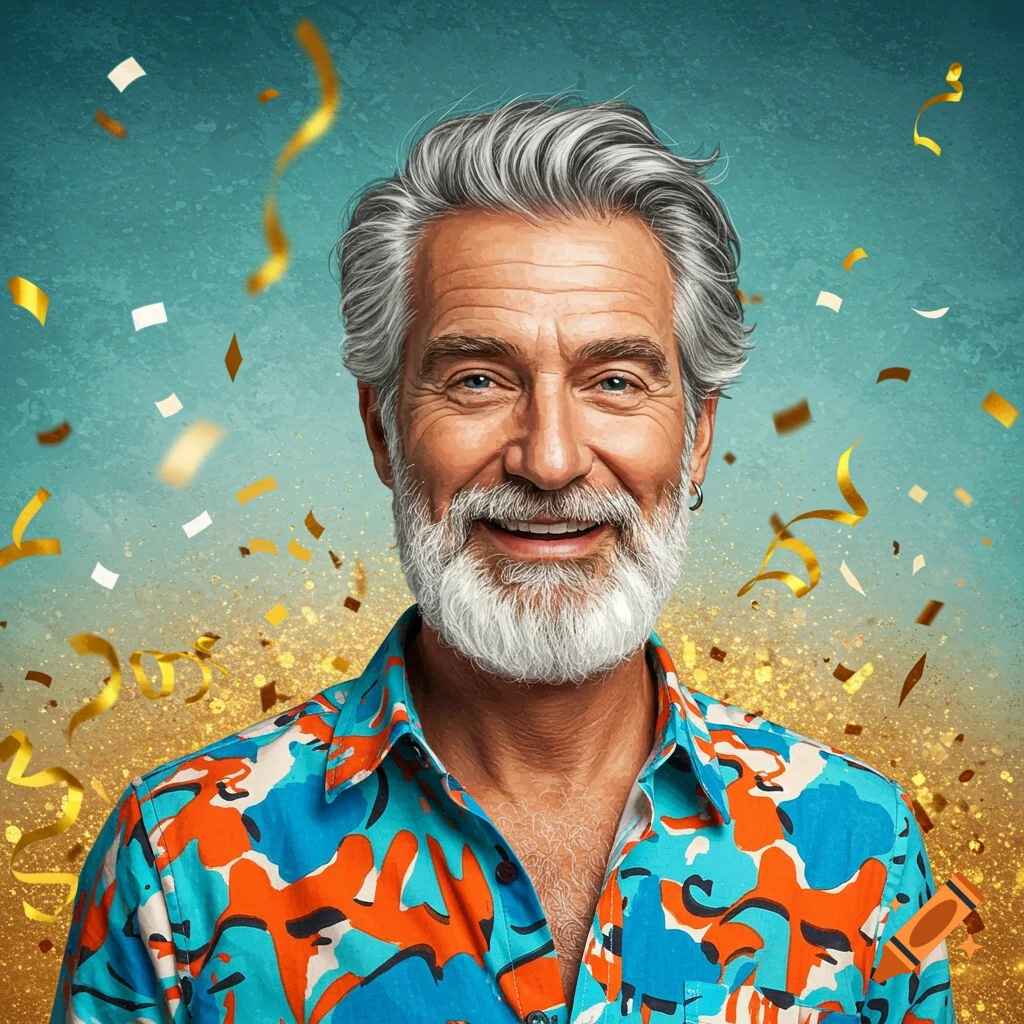 A smiling man with gray hair and a beard wearing a vibrant patterned shirt, surrounded by golden confetti against a teal and gold background.