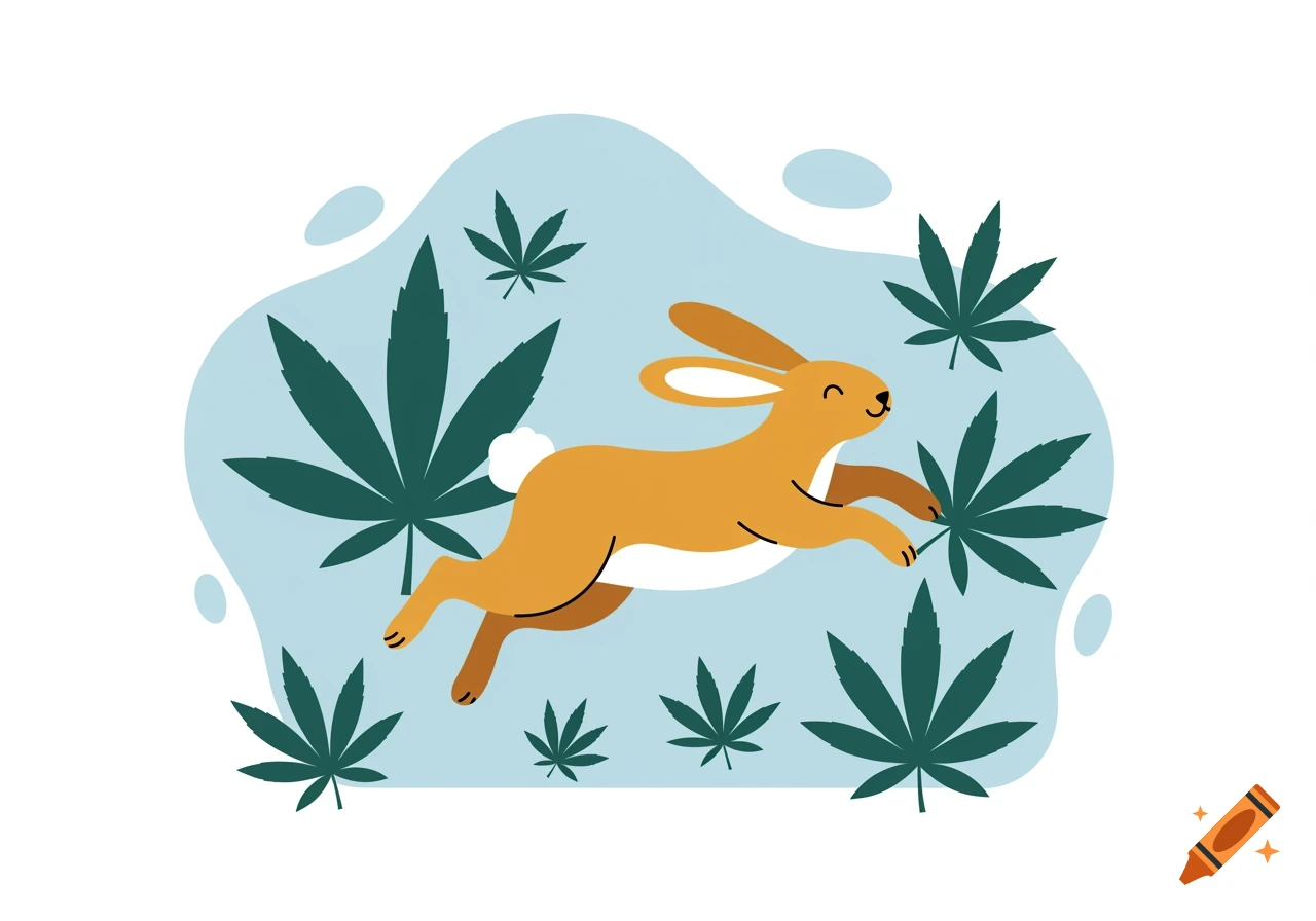 A cartoon illustration of a happy brown rabbit leaping among green cannabis leaves on a light blue background.