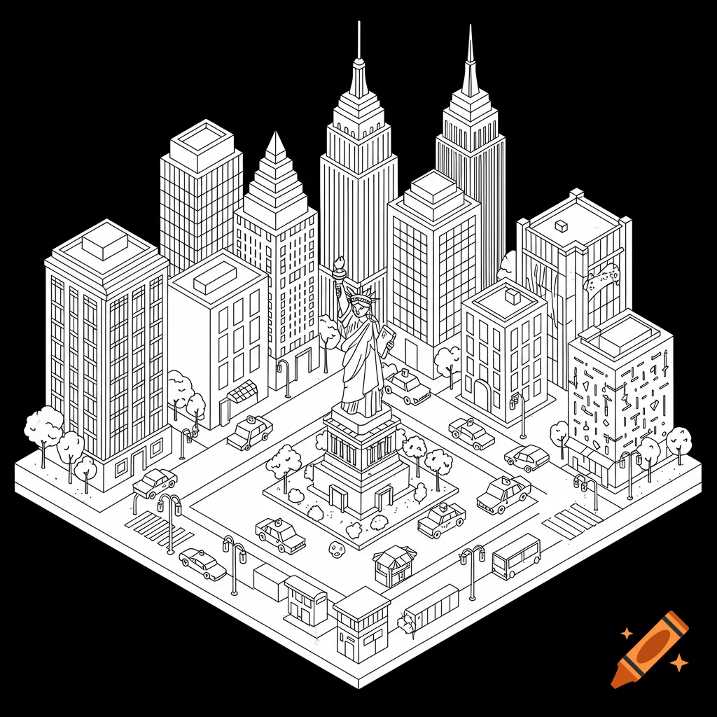 Isometric line art of New York City with the Statue of Liberty, skyscrapers, and cars on streets, on a black background.