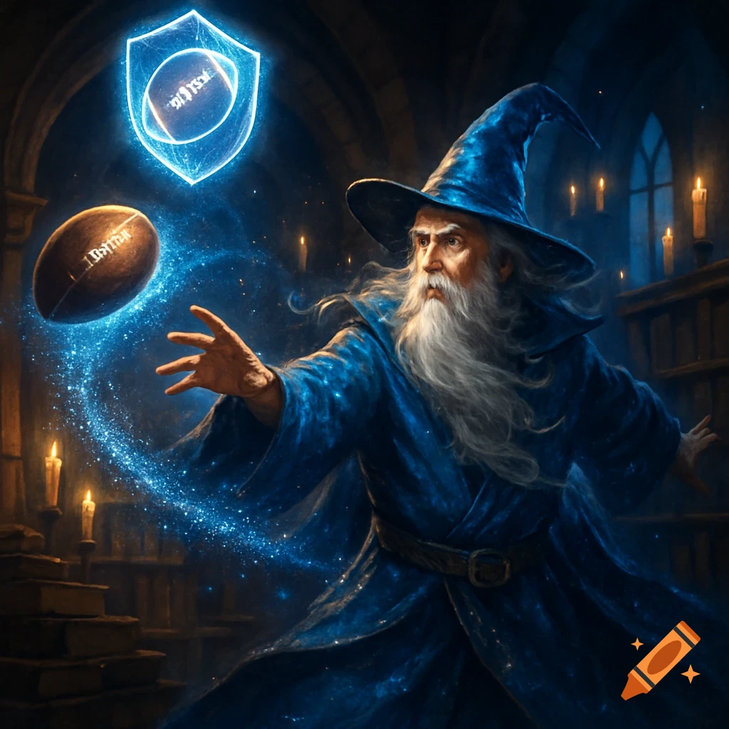 A wizard in blue robes casts a spell on a glowing American football in a magical, dark hall, digital art.